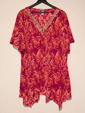 Catherines 2X 22/24W Tropical Tunic Top Embellished V Neck Plus Flowy Vacation